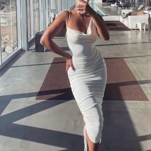 JLux Label Rouched White Dress - Asymmetrical cowl neckline